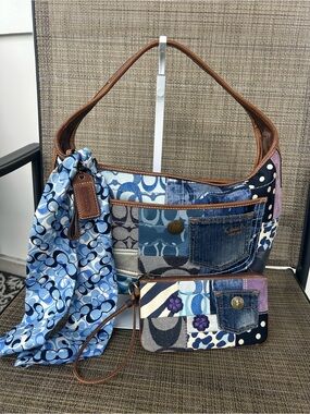 COACH Vintage Y2K Blue Denim Ergo Bag purse Scarf + Wristlet 10808 Patchwork